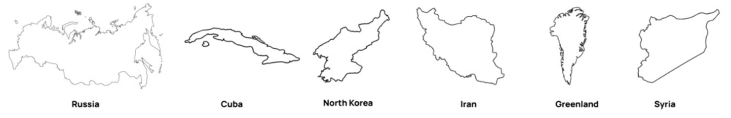 Obraz premium Country Outline Map Set of Russia, Greenland, Iran, North Korea and Syria, Thin Line National Border Contours