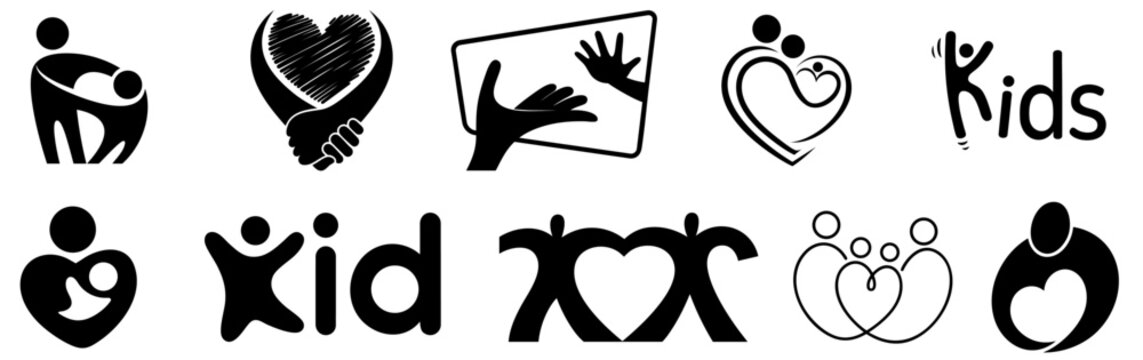 Kids and family logo set, child care and motherhood symbols, parent baby love