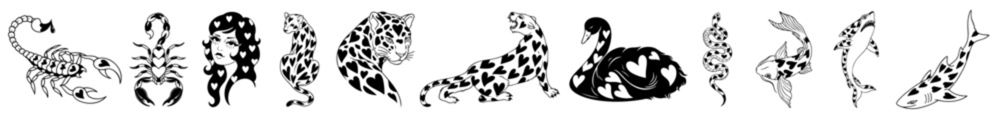 Romantic Animal Silhouettes Decorated with Heart Shapes, Valentine’s Day Love Symbols, Cute Animals with Hearts for Romantic © OS