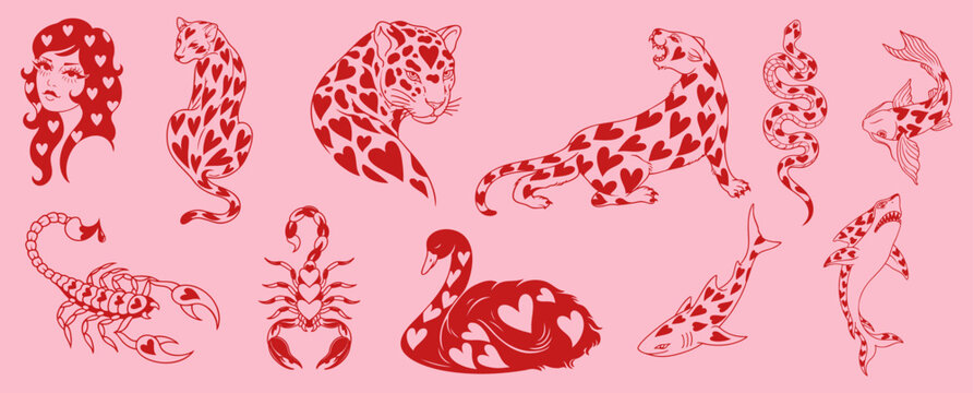 Romantic animal silhouettes with heart patterns for Valentine&rsquo;s Day, cute animals shaped with hearts, love, affection and tenderness, decorative Valentine characters for February 14
