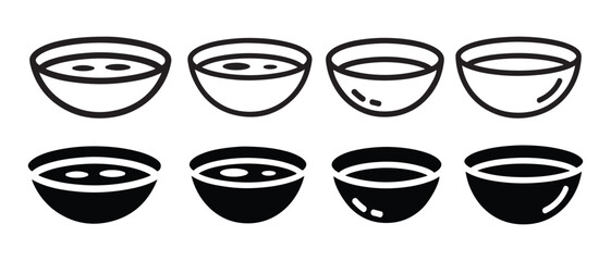 Bowl Icons Set. Line and Fill Styles, Isolated on White Background.