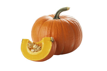 Whole and sliced pumpkin squash isolated on a transparent background