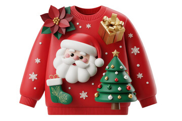 Fototapeta premium Red Christmas sweater with Santa Claus and holiday decorations isolated on a transparent background
