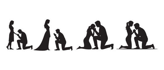 Obraz premium Silhouette Couple Proposal Scenes, Romance and Marriage Icons, isolated on white background.