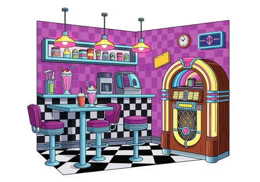 Vibrant diner scene with jukebox, checkered floor, and purple decor viewed from the corner.