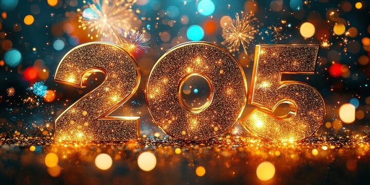 Glittering golden numerals 205 surrounded by fireworks, sparkling confetti and colorful bokeh lights conveying festive celebration and excitement