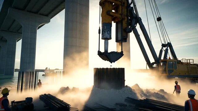 Construction workers operate heavy machinery for bridge foundation building.