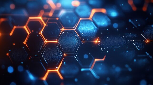 Abstract futuristic digital hexagonal grid glowing with vibrant orange and blue lights creating a high-tech network pattern