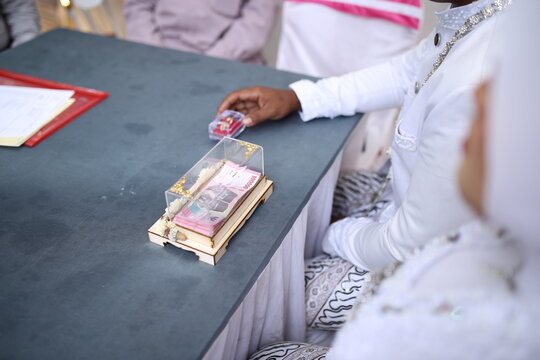 Indonesian wedding dowry or Mahar box containing money and ring box on table during Akad Nikah ceremony