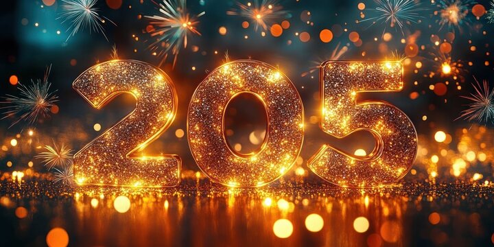 Glittering golden numbers 205 with fireworks, sparkles and warm bokeh lights creating a joyful celebratory festive atmosphere