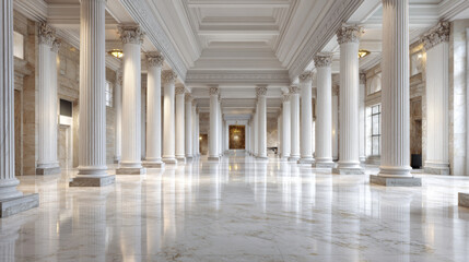 Fototapeta premium Grand marble hall with fluted columns, ornate ceiling, and polished floor, elegant architecture