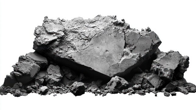large broken concrete slab with scattered rubble and dust on white background, stark heavy desolate industrial ruin