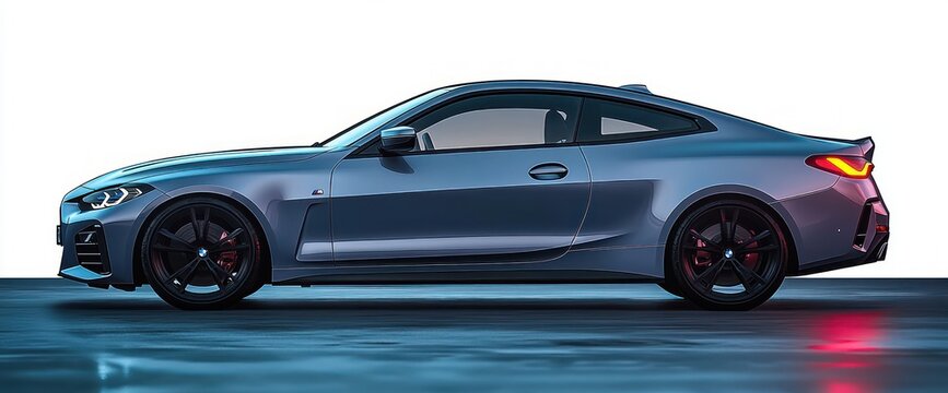 Sleek metallic blue two-door sports coupe side profile with black alloy wheels, glowing taillight and floor reflection in a clean studio setting conveying power and precision