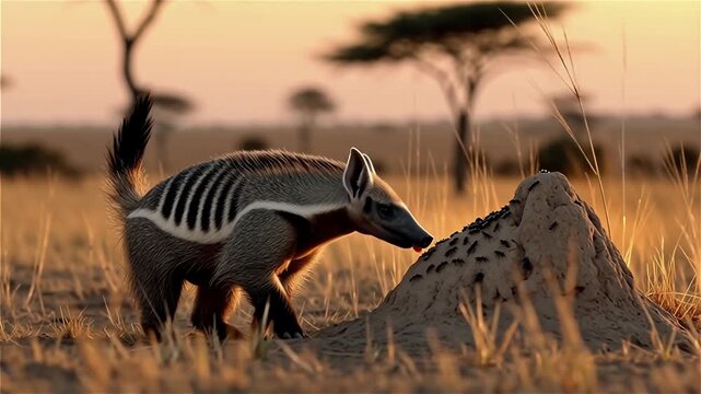 AI-Generated Detailed Side View of an Aardwolf Searching for Food in the Savanna