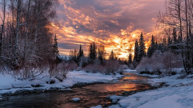 Alaska winter sunset over river, snow covered ground, birch tree branches, icy stream, forest, cloudy sky, warm glow against cold white landscape for peaceful serene nature scene