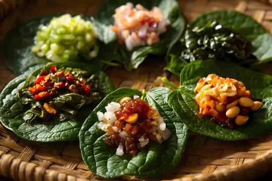 Colorful assortment of traditional Miang Kham ingredients on fresh betel leaves ready for serving