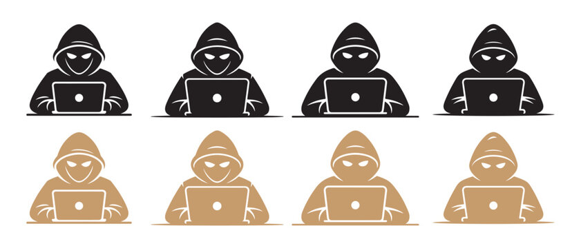 Anonymous Hackers Group Using Laptops Icon Set, Isolated on White Background.