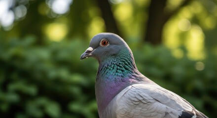 Fototapeta premium A pigeon with a colorful plumage stands in a natural setting.