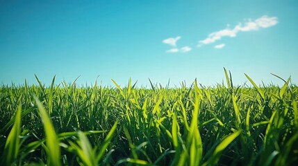 Obraz premium Close-up view of green grass blades under a clear blue sky with a few white clouds, evoking a fresh and peaceful outdoor atmosphere
