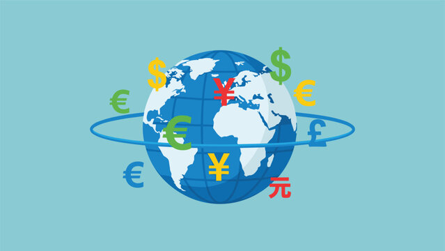 Global Currency Exchange Rates Floating Around the World in a Digital Illustration
