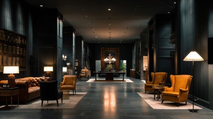 Business Hotel Lobby Designed With Dark Luxury Tones Offering a Welcoming Space for Guests to Relax and Socialize