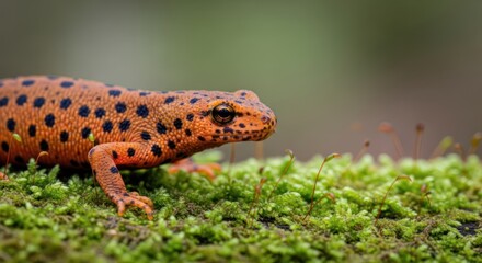Fototapeta premium A close-up of a red-spotted toad on a mossy surface, with a blurred green background.
