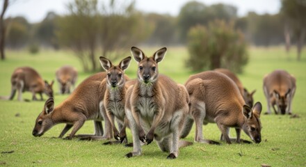 A group of kangaroos grazing in a grassy field with trees in the background.