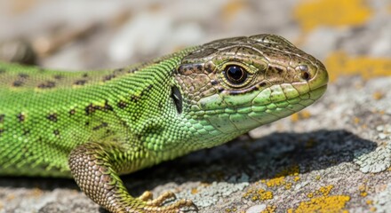 Obraz premium A close-up of a green lizard on a textured rock surface with patches of moss and lichen.