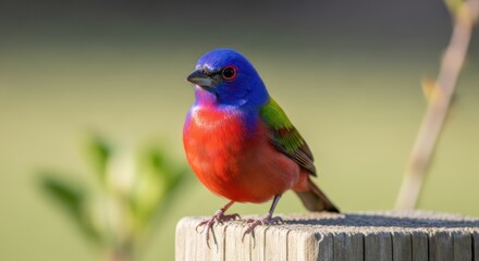 Obraz premium A vibrant bird perched on a wooden post, showcasing a vivid array of colors against a blurred natural backdrop.