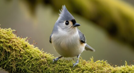 Fototapeta premium A bird perched on a mossy branch, with a focused gaze and a distinctive crest.
