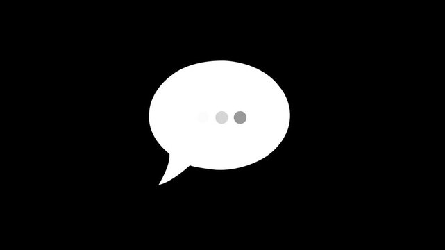 Minimalist white chat bubble icon with looping animation of three gray dots indicating typing or loading, on a clean black background, perfect for digital communication concepts and technology overlay