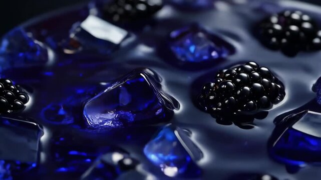 Macro shot of deep purple liquid with dark blackberries and glowing blue jelly or ice cubes creating a dramatic cool food or drink texture.