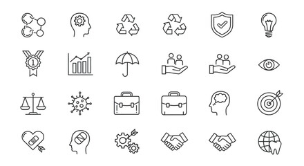 A collection of minimalist line icons representing diverse concepts such as business law technology and global connections © Shakil
