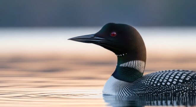 A loon bird floating on calm water, with a blurred background suggesting a serene natural setting.