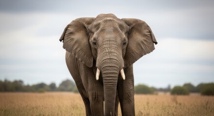 Obraz premium A majestic elephant standing in a grassy field with a cloudy sky in the background.