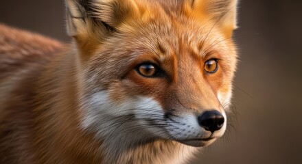 Obraz premium A close-up portrait of a fox with a focused gaze, set against a blurred natural background.