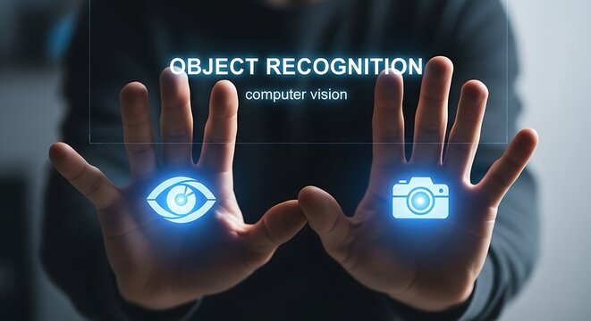 Object Recognition Technology Displayed on Hands with Digital Icons.