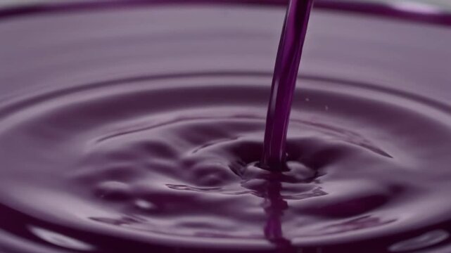 Pouring stream of vibrant purple liquid creating ripples and waves on the surface emphasizing fluidity and saturated color in a macro close-up shot.