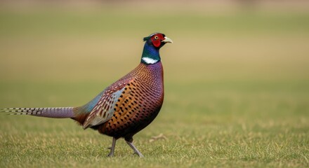 A pheasant standing in a grassy field, looking to the side.