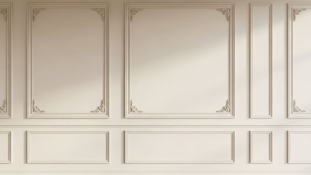 Elegant White Wainscoting Wall Paneling with Decorative Trim and Shadows