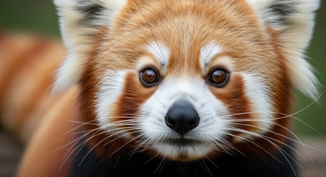 A close-up portrait of a red panda with a curious expression, set against a blurred green background.