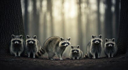 Obraz premium A group of raccoons in a forest setting, with one raccoon standing prominently in the center, appearing to lead the group. The forest is depicted with a soft, blurred background