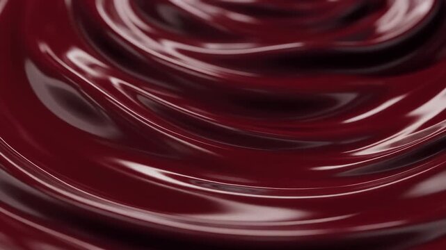 Abstract background of swirling dark chocolate thick syrup or glossy viscous liquid texture with rich waves and luxurious ripples.