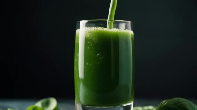 Fresh green detox juice being poured into a glass on a dark background