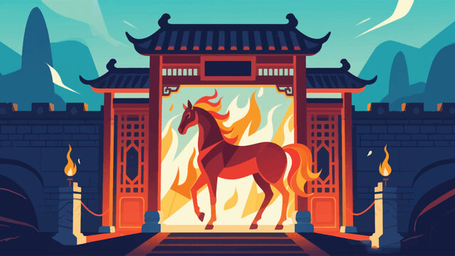 Illustration Of Fire Horse Standing In Front Of Traditional Chinese Gate, Fire Glow Vector Design Template
