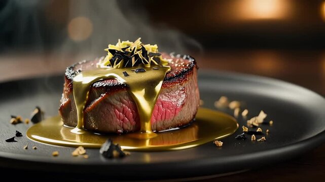 Gourmet filet mignon steak with rich gold sauce and garnish served on a dark plate steaming hot for fine dining