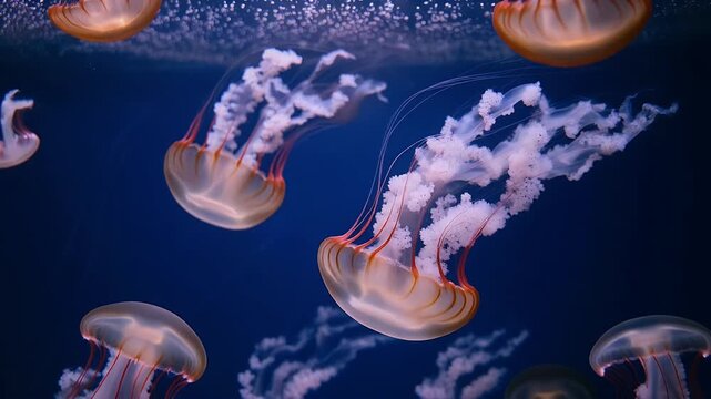 Bioluminescent jellyfish swim in dark water