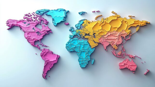 Colorful 3D textured world map showing continents and countries with distinct colors on a white background