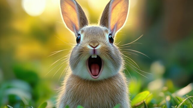 wide-eyed brown rabbit in grass with mouth open showing a surprised curious expression in warm sunlit bokeh meadow