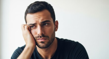 A contemplative man with a concerned expression gazing directly at the camera, hand resting on his face, in a serene white environment